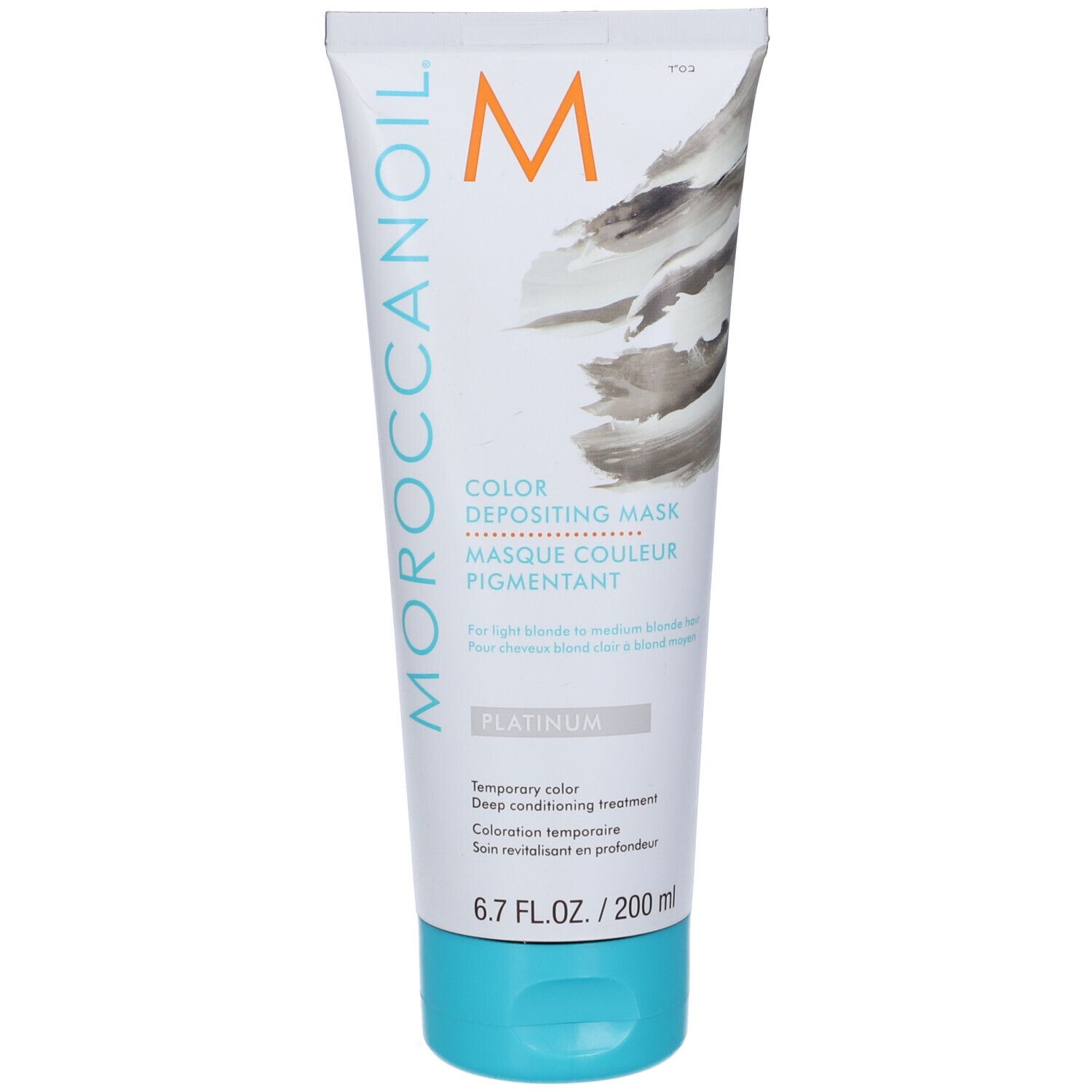 Weiß-türkisfarbene Tube. Aufschrift: Moroccanoil Color Depositing Mask Platinum. 6.7 FL.OZ./200 ml.