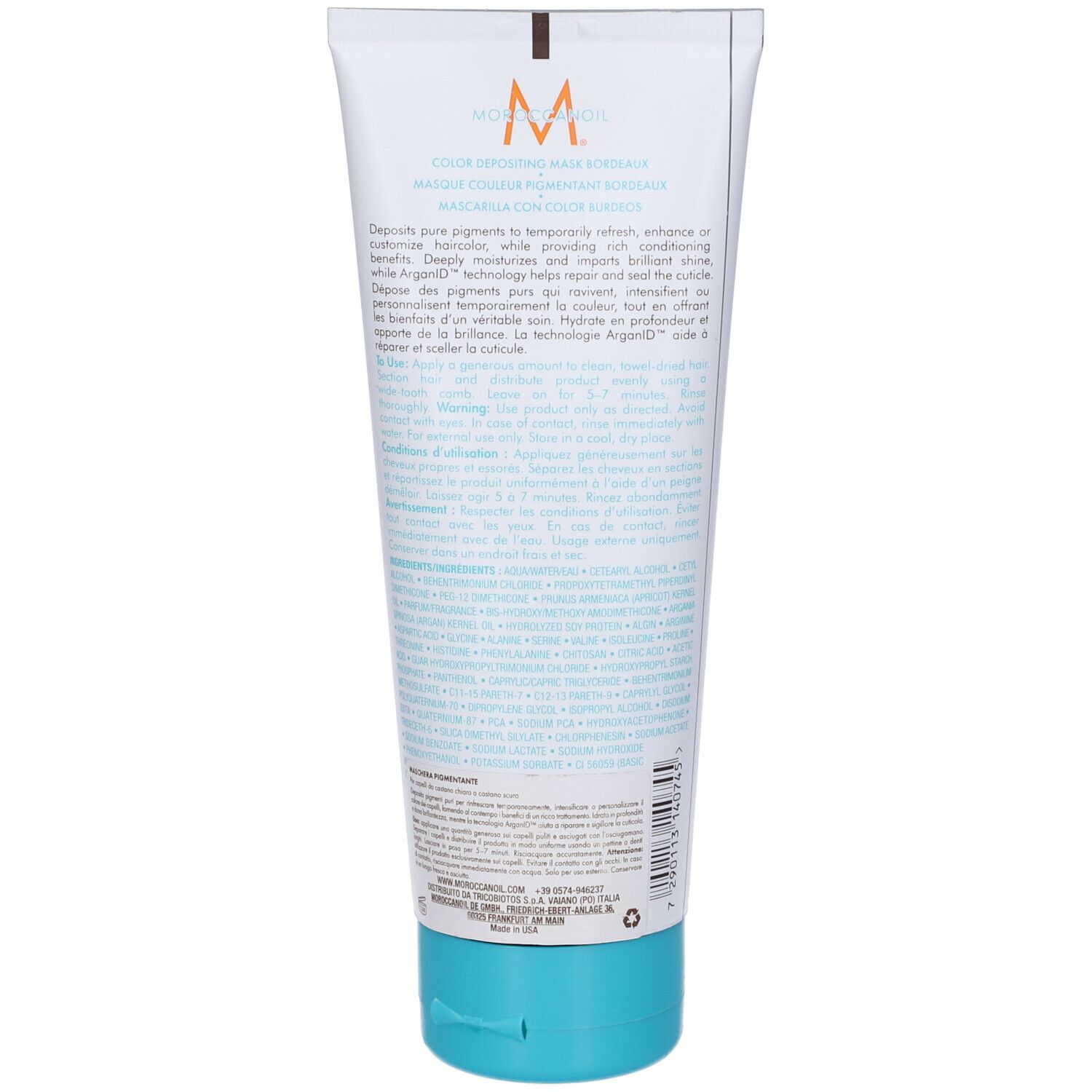 Rückseite der Moroccanoil Color Depositing Mask Bordeaux. Weiße Tube mit Text. Türkisgrüner Deckel. Text: Color Depositing Mask.