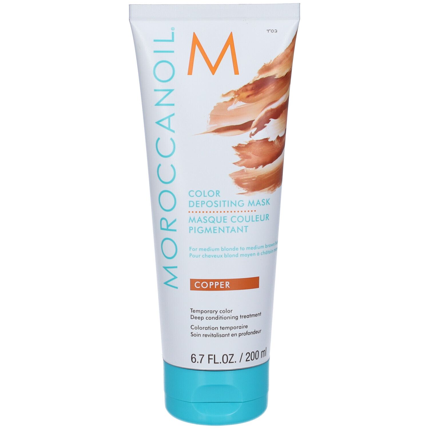 Haarmaske in Tube. Türkis-weiße Verpackung. Schriftzug: Moroccanoil, Color Depositing Mask, Kupfer. 6.7 FL.OZ./200ml.