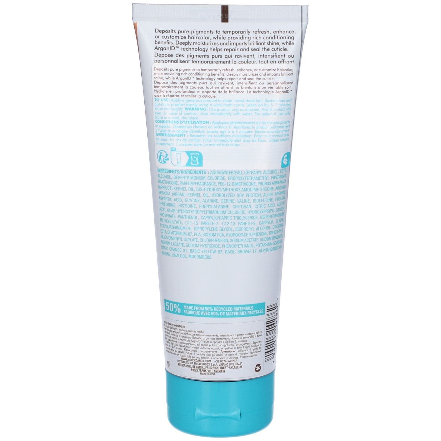 Rückseite der Haarmasken-Tube. Türkis-weiße Verpackung. Text mit Inhaltsstoffen und Informationen. 50% recyceltes Material.