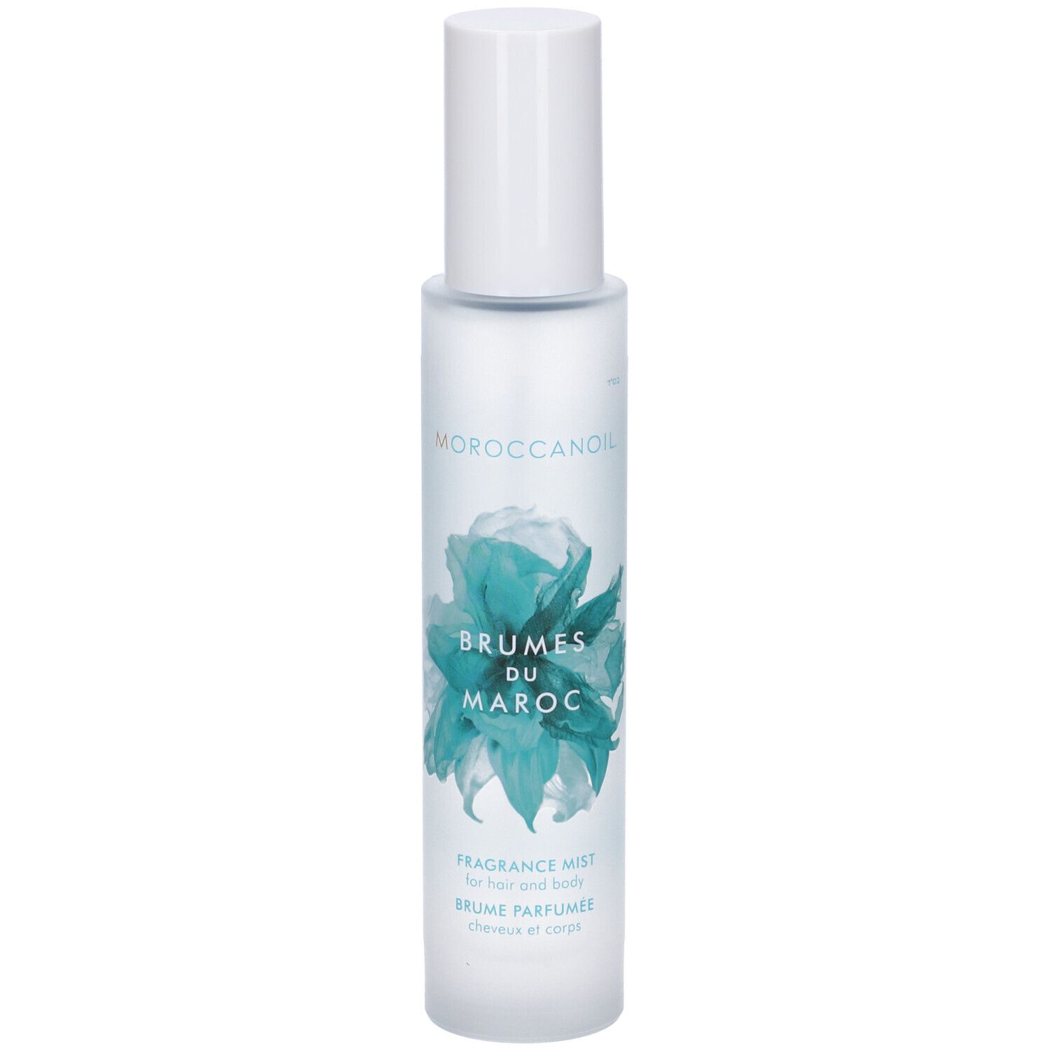 Moroccanoil Brumes du Maroc Fragrance Mist Flasche mit weißem Pumpspender und blauer Blütenillustration.