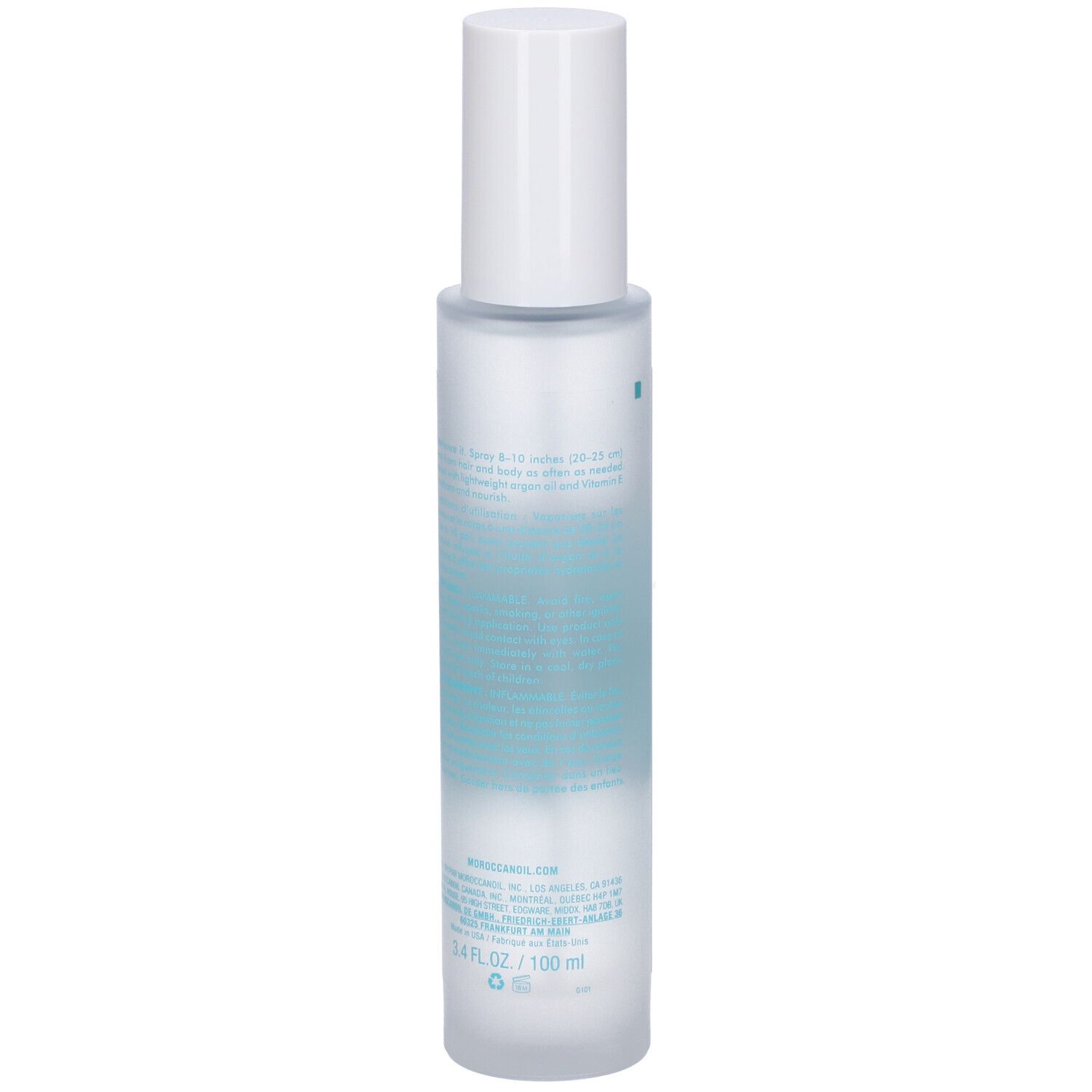 Rückseite der Moroccanoil Brumes du Maroc Fragrance Mist Flasche, 100 ml, mit detaillierten Informationen.