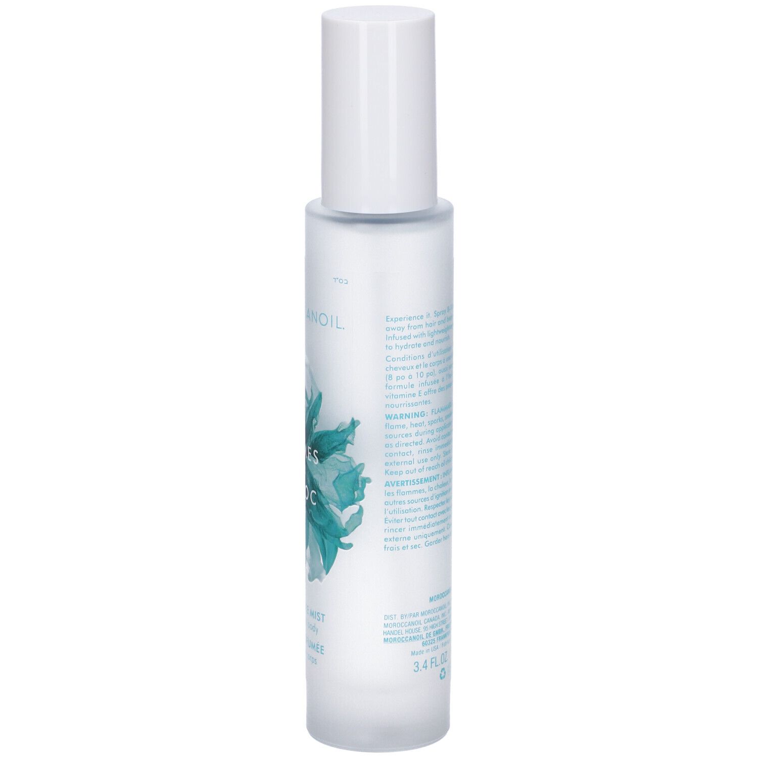 Seitenansicht der Moroccanoil Brumes du Maroc Fragrance Mist Flasche mit blauer Blüte.