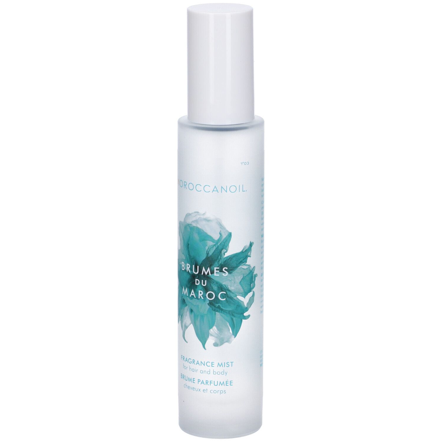 Moroccanoil Brumes du Maroc Fragrance Mist Flasche mit weißem Pumpspender und blauer Blütenillustration.