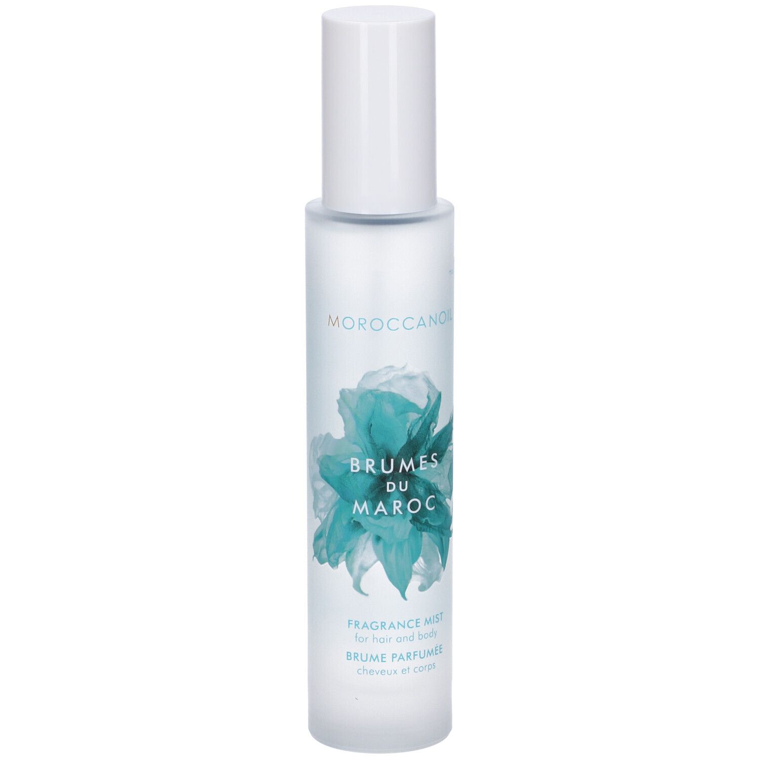 Moroccanoil Brumes du Maroc Fragrance Mist Flasche mit weißem Pumpspender und blauer Blütenillustration.