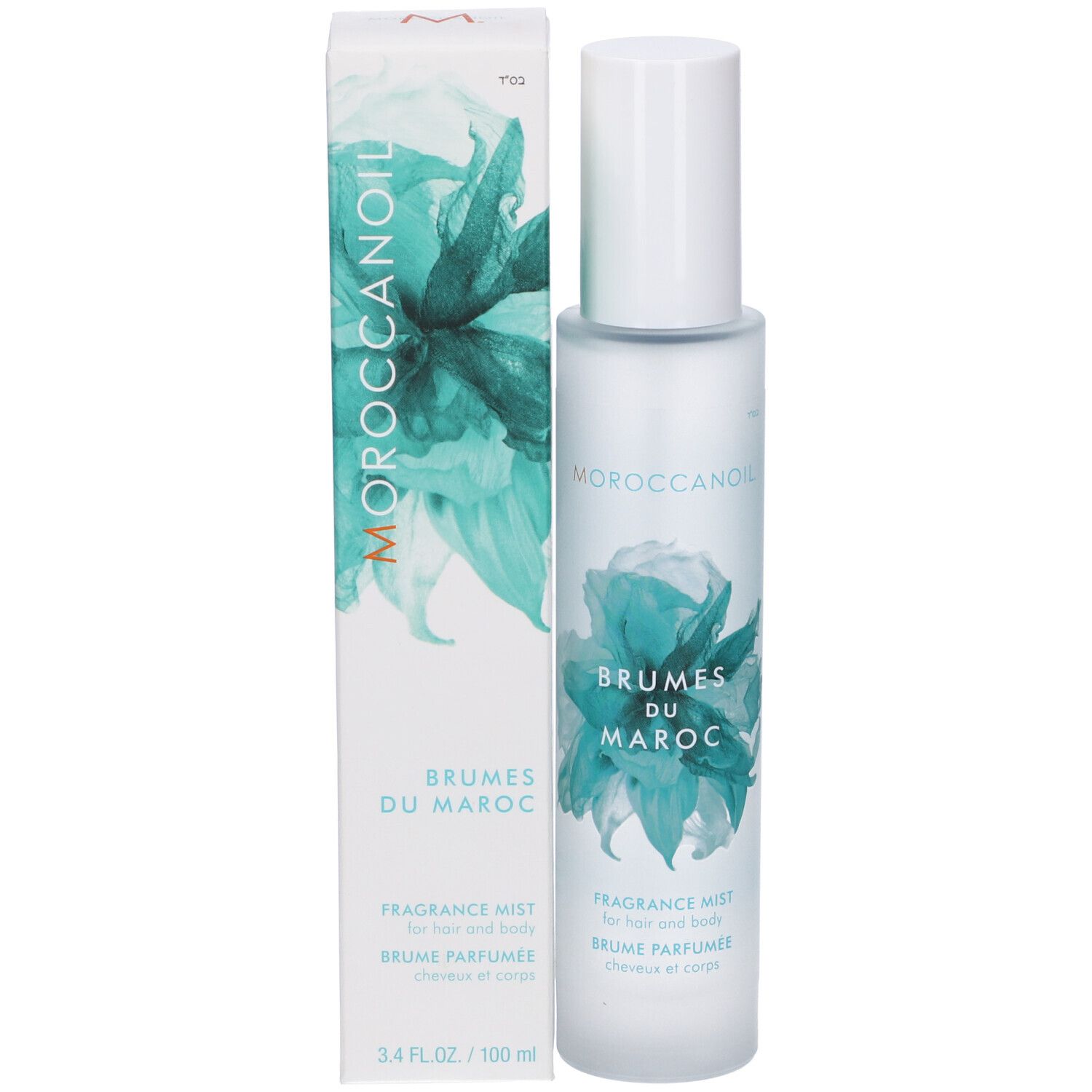 Moroccanoil Brumes du Maroc Fragrance Mist Flasche und Verpackungsbox mit blauer Blütenillustration.