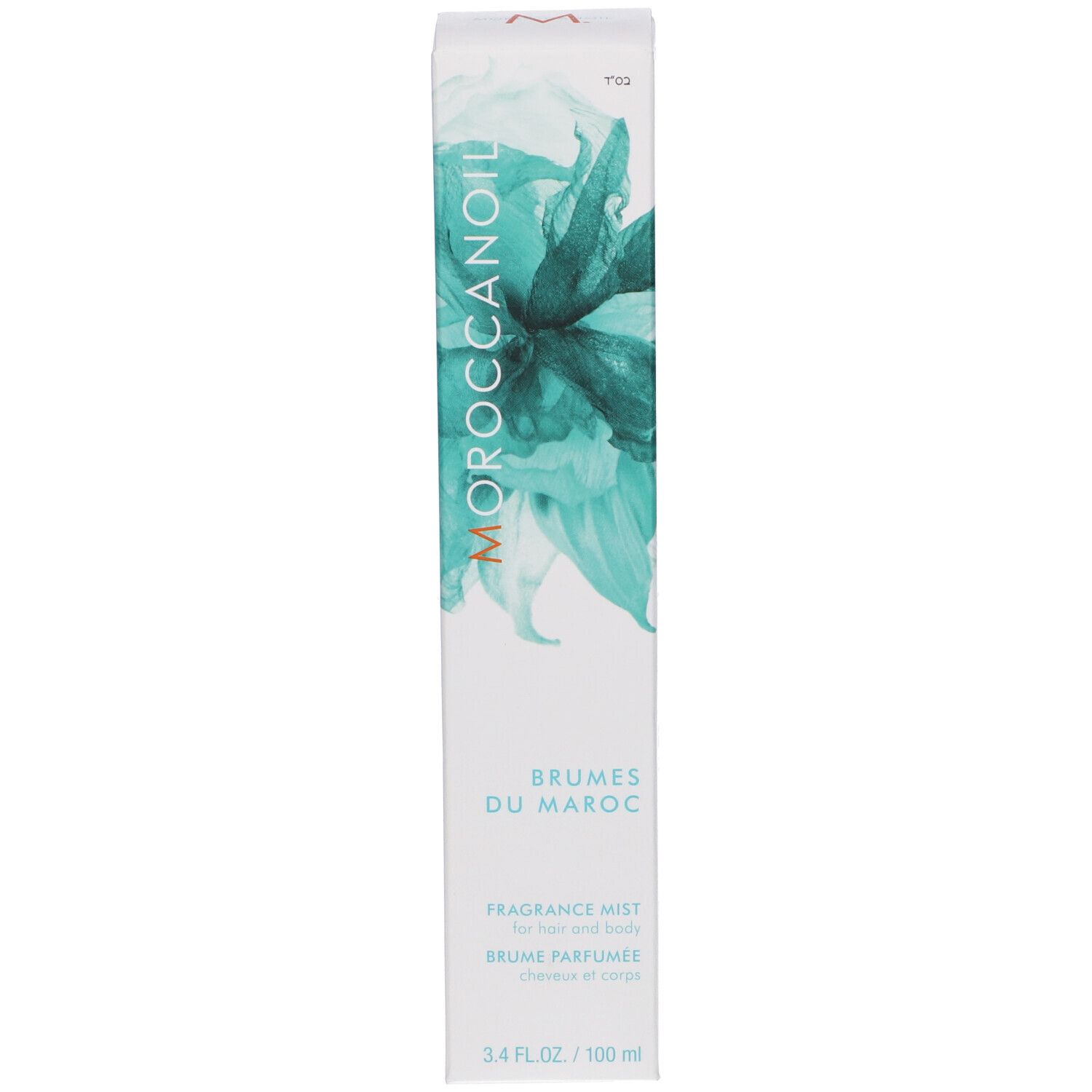 Verpackungsbox Moroccanoil Brumes du Maroc Fragrance Mist mit blauer Blütenillustration und Produktinformationen.