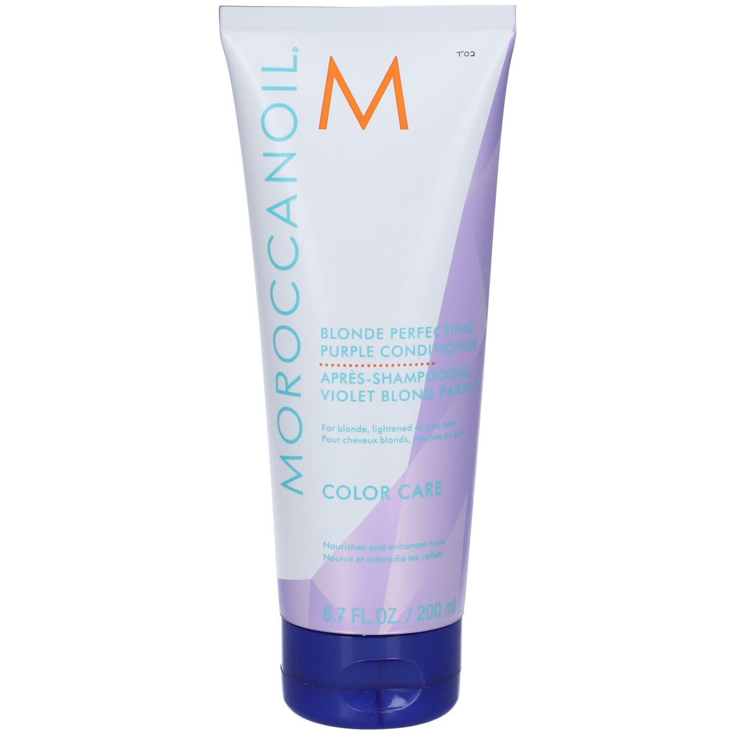 Tube mit lila Shampoo. Aufschrift: Moroccanoil, Blonde Perfecting Purple Conditioner. Farbpflege.