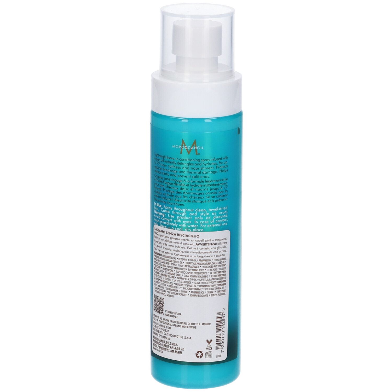 Rückseite einer Moroccanoil Flasche mit Pumpspender, türkisfarben.
