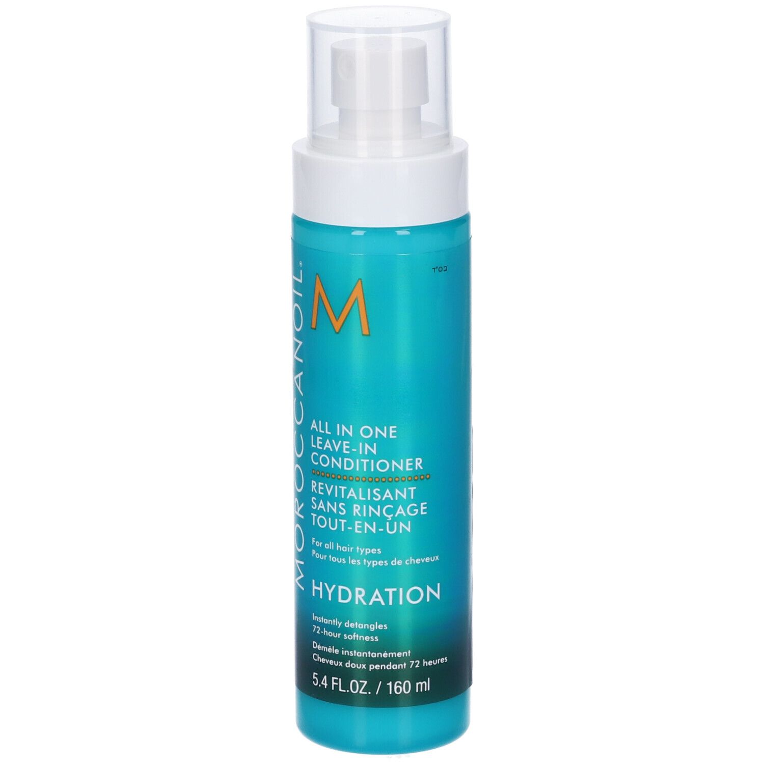 Seitenansicht einer Moroccanoil Flasche mit Pumpspender, türkisfarben.