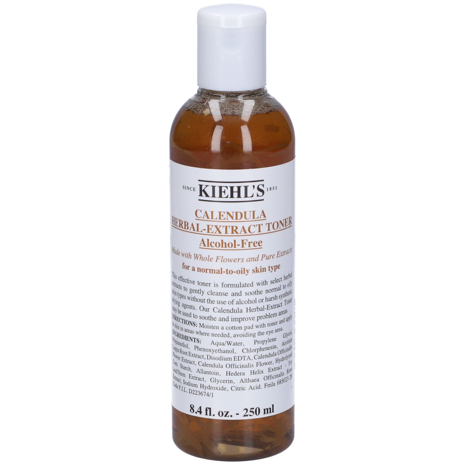 Eine Flasche Kiehl's Calendula Herbal-Extract Toner. Braune Flüssigkeit in einer durchsichtigen Flasche mit weißem Deckel. Text: Alcohol-Free.