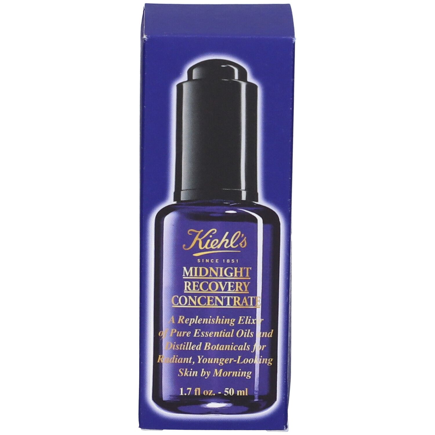 Dunkelblaue Flasche mit schwarzem Verschluss. Aufschrift: Kiehl's Midnight Recovery Concentrate. 1,7 fl oz - 50 ml.
