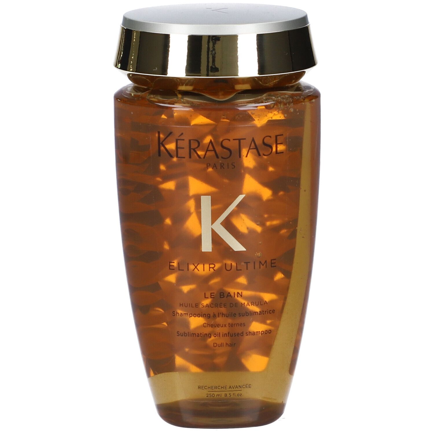 Kérastase Elixir Ultime Le Bain Shampooing. Braune Flasche mit goldenem Deckel. Sichtbares Logo und Produktbezeichnung.
