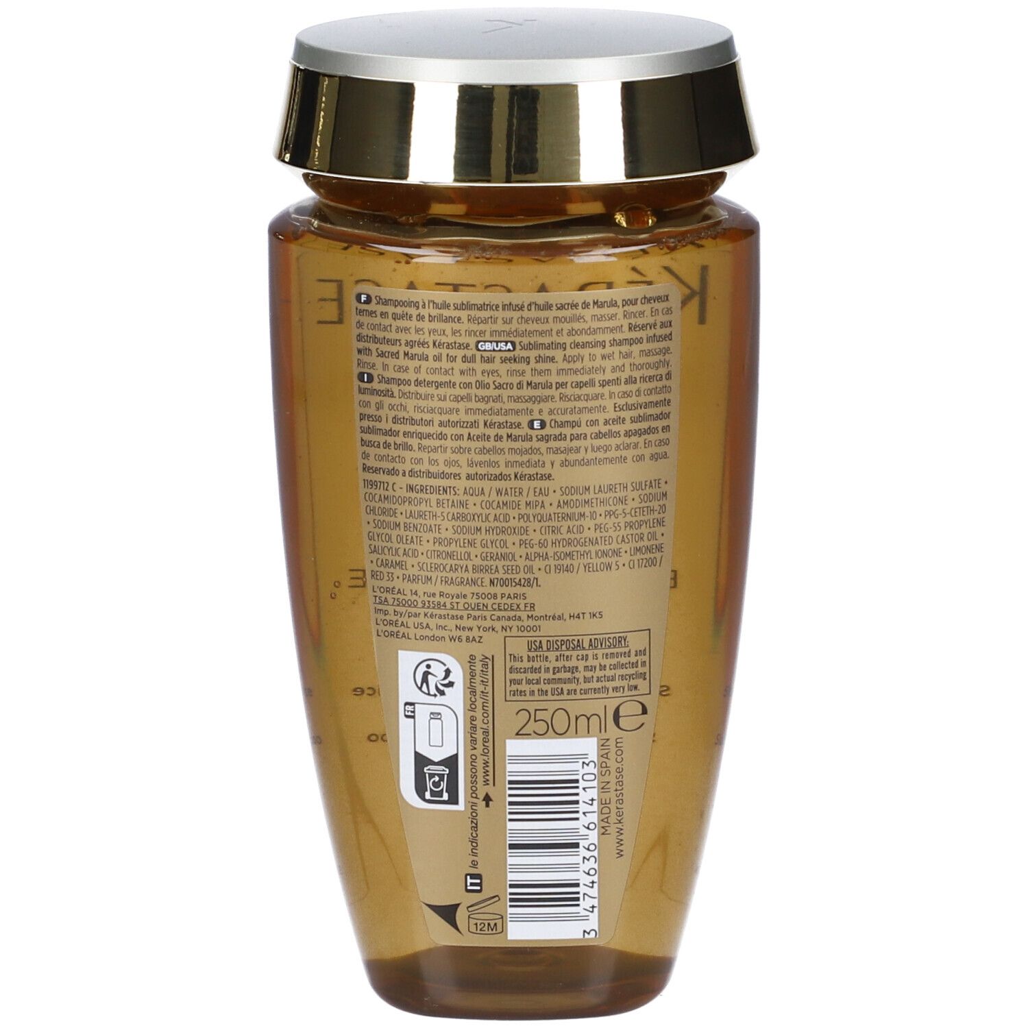 Rückseite der Kérastase Elixir Ultime Le Bain Shampooing Flasche. Text und Informationen auf braunem Hintergrund.