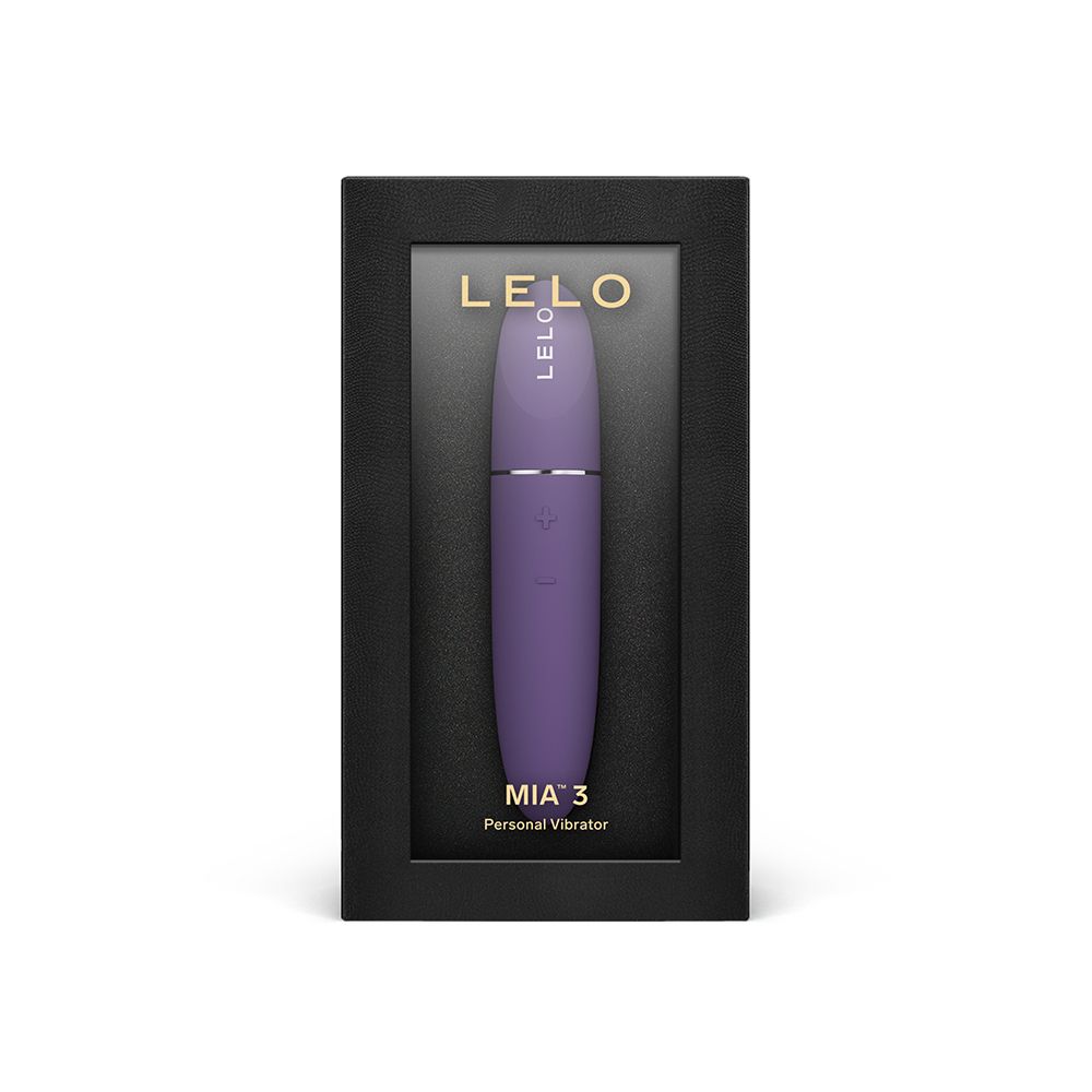 Verpackung mit Vibrator. Schwarzer Karton. LELO-Logo. MIA™ 3. Sichtfenster.