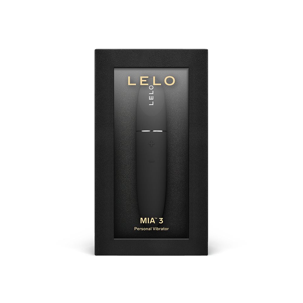Schwarze Produktverpackung mit LELO-Logo und MIA 3. Sichtfenster zeigt Produkt.