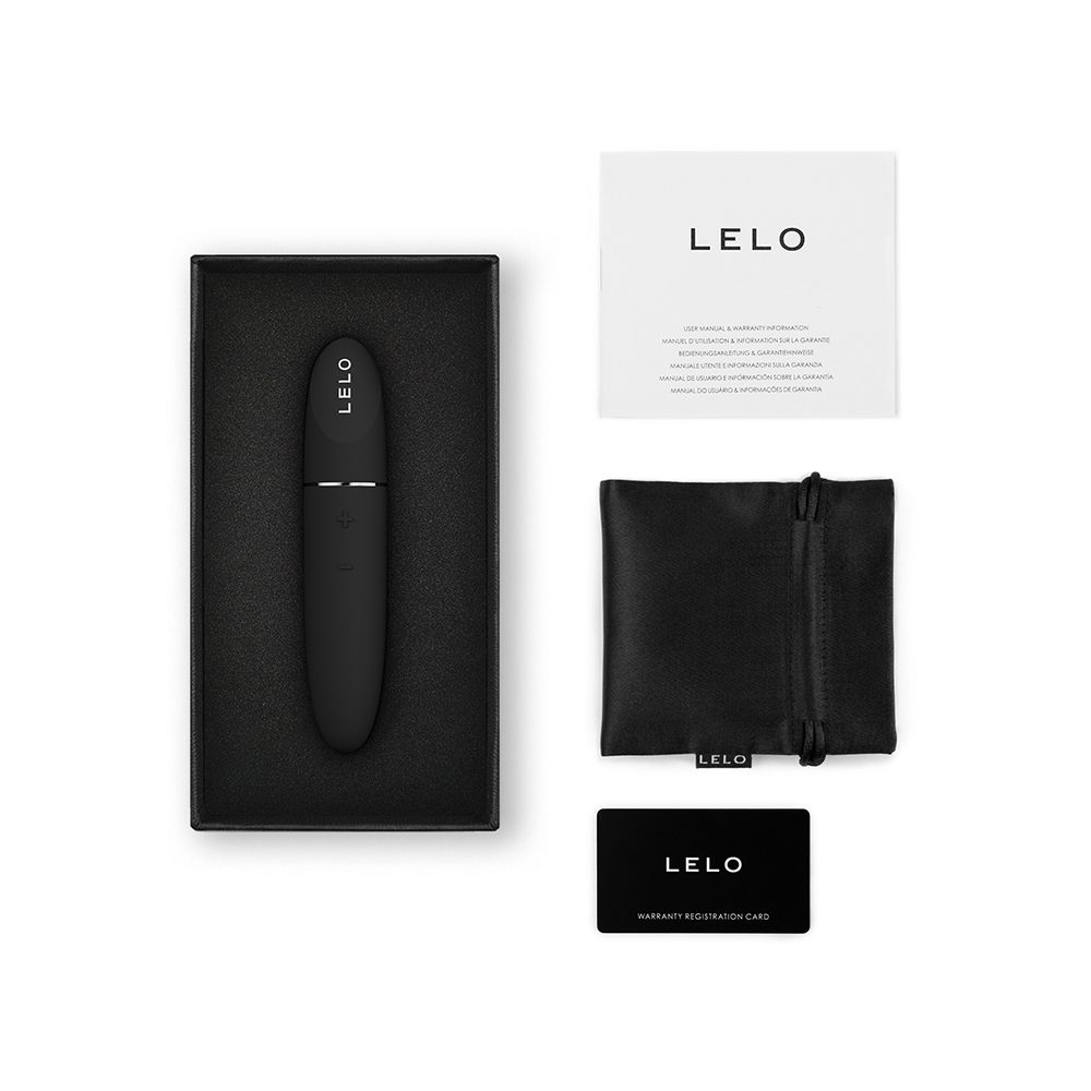 Schwarze Verpackung mit Produkt, Beutel, Karte und Broschüre. LELO-Logo sichtbar.