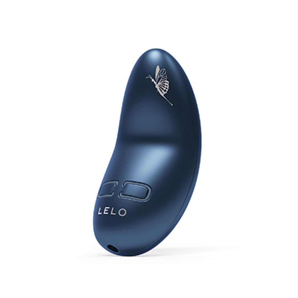 Blauer Vibrator mit Schmetterlingsmuster und zwei Knöpfen. Marke LELO.