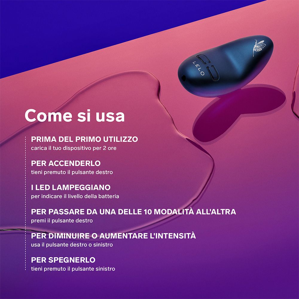 Anleitung zur Verwendung des Vibrators. Marke LELO. Text: Einschalten, Modi.