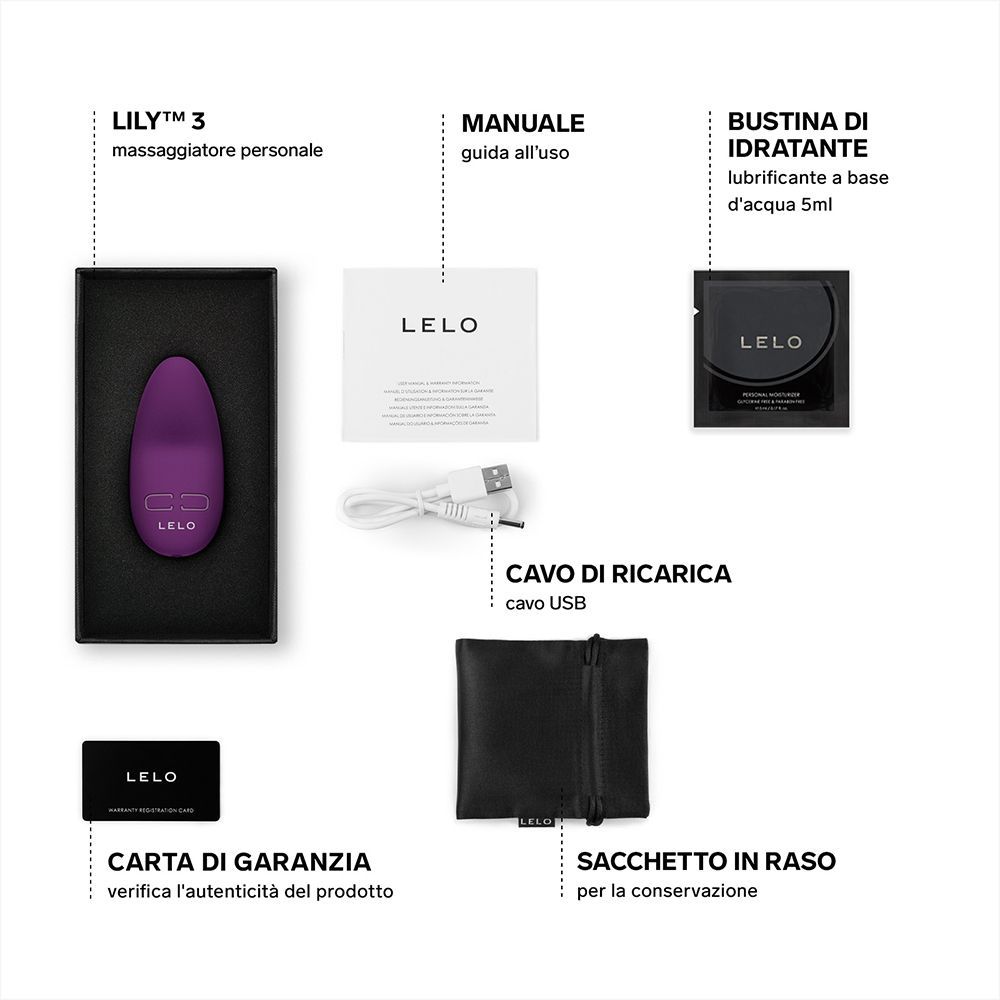 Verpackungsinhalt: Vibrator, USB-Kabel, Garantiekarte, Beutel, Gleitmittel, Anleitung.