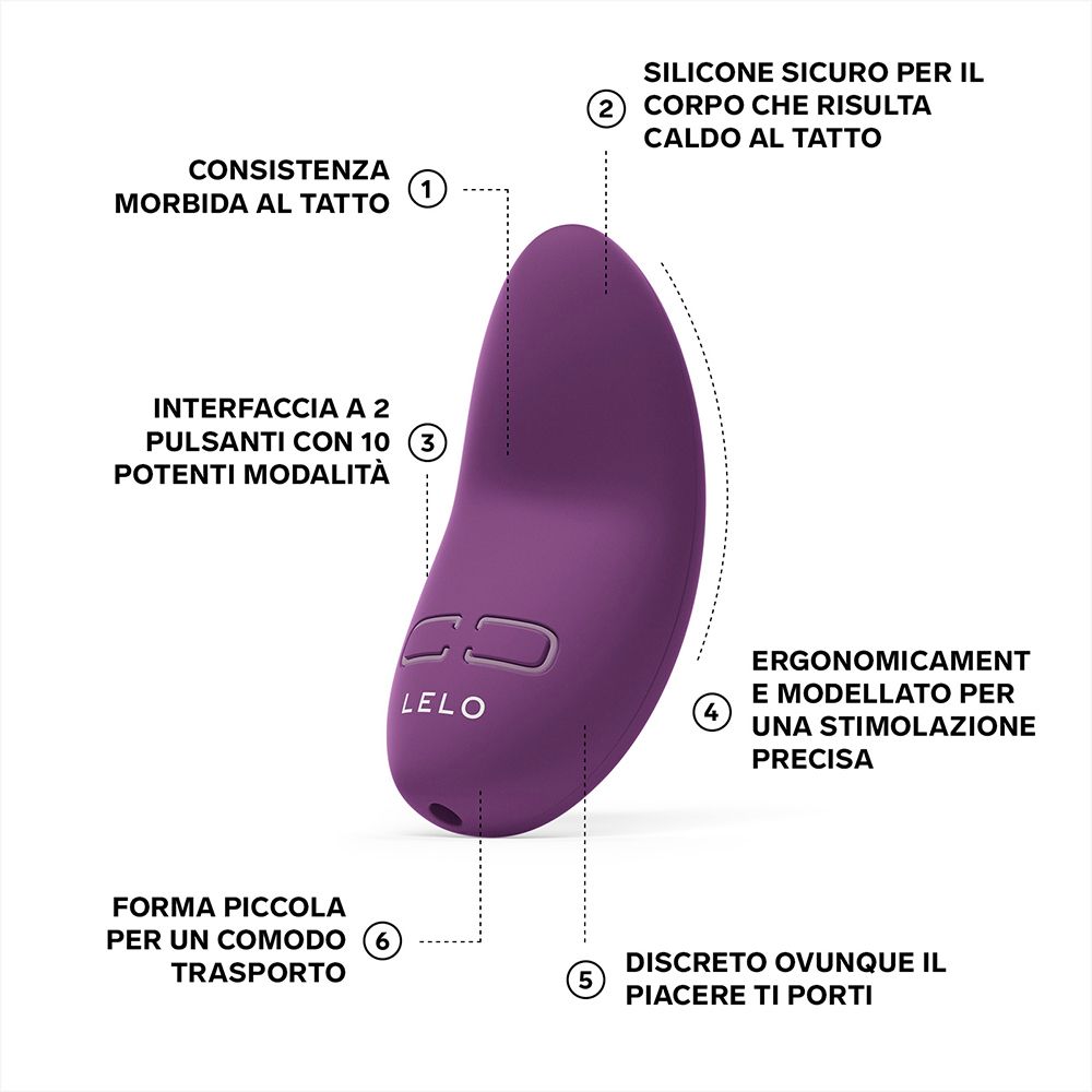 Lila Vibrator mit zwei Knöpfen und LELO-Logo. Beschriftungen: weich, 10 Modi, ergonomisch.