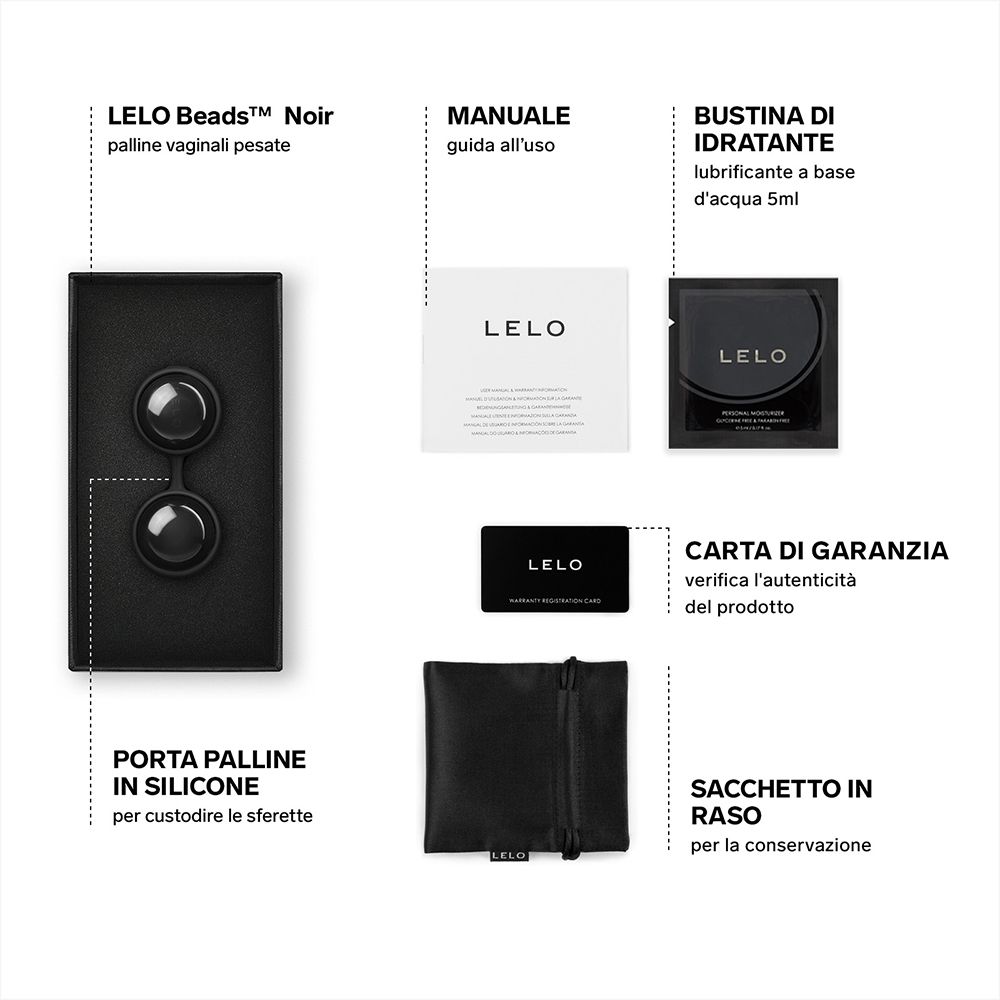 Inhalt der LELO Luna Beads Noir Box: Kugeln, Anleitung, Gleitmittel, Garantiekarte, Tasche.
