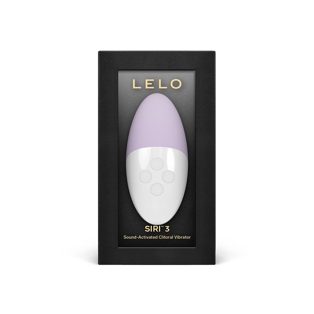 Verpackung mit Vibrator. LELO-Logo, SIRI 3. Lila/weißer Vibrator in schwarzer Box.