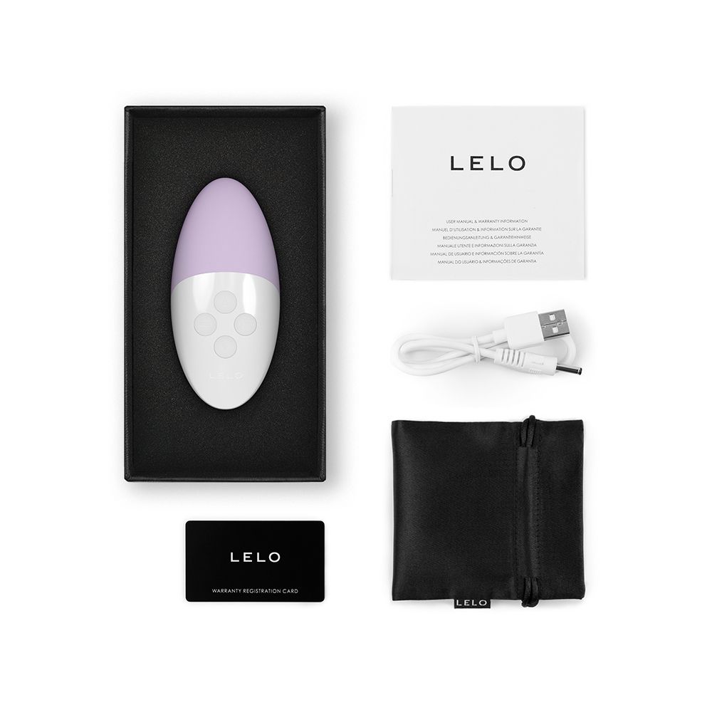Verpackungsinhalt: Vibrator, Ladekabel, Beutel, Karte, Anleitungen. LELO-Logo.