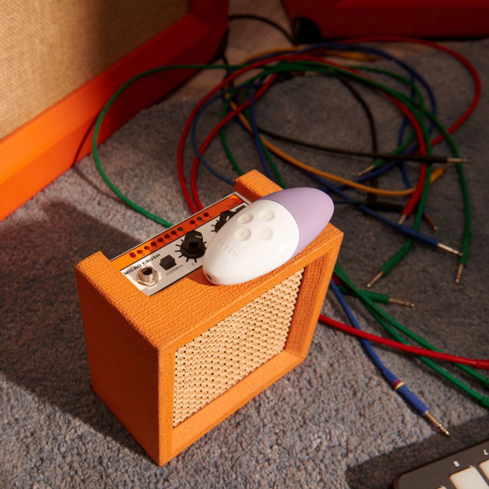 Vibrator auf einem kleinen Verstärker. Lila/weiß, ovale Form, vier Knöpfe. Kabel im Hintergrund.