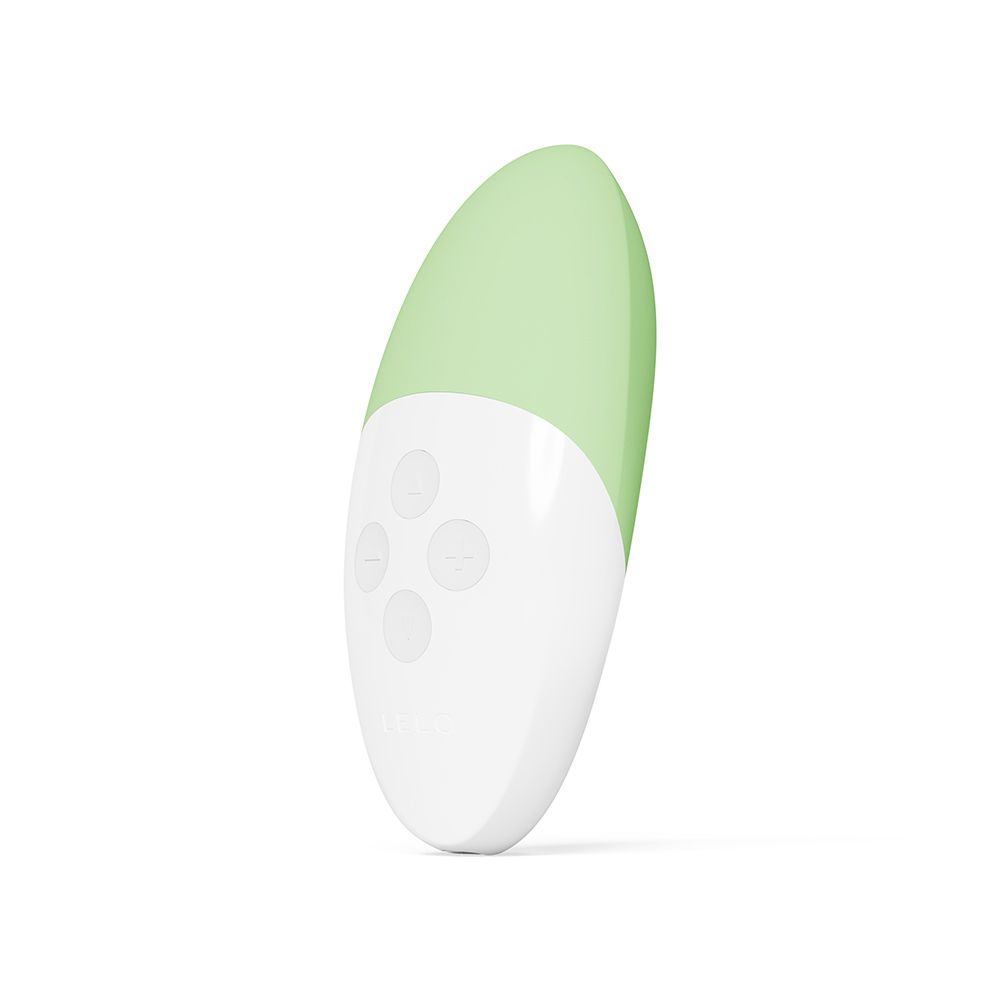 Eiförmiger Vibrator, Pistachio Cream, mit grüner Spitze und weißen Bedienelementen. Vier Knöpfe.