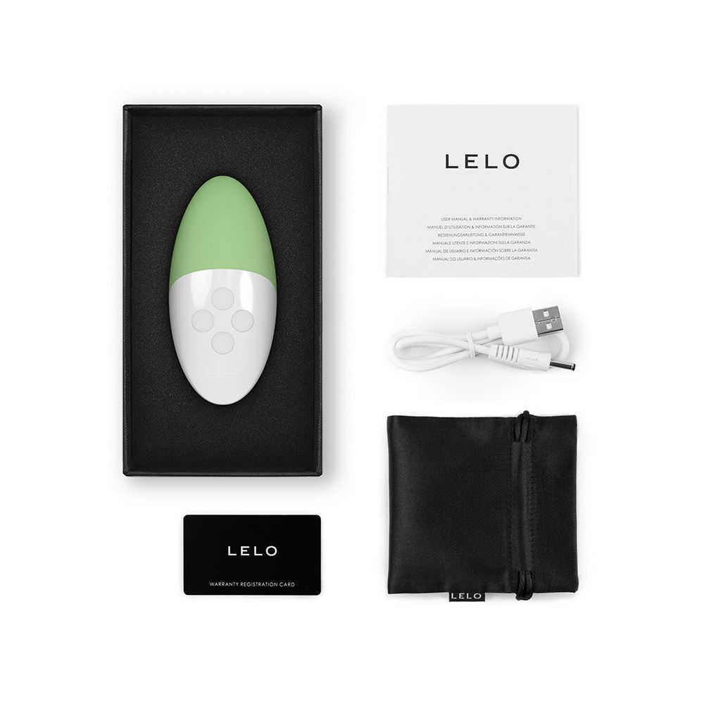 Verpackungsinhalt: Vibrator, Ladekabel, Beutel, Karte und Anleitungen. LELO Siri 3, Pistachio Cream.