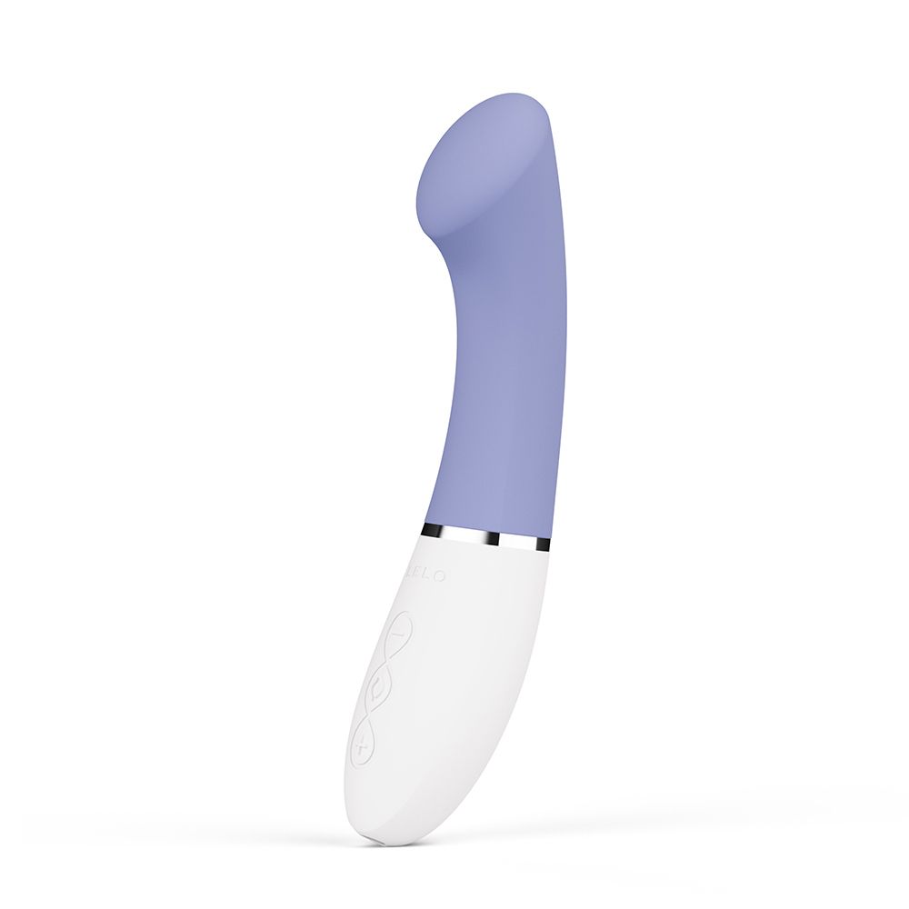 Vibrator, blau-weiß, gebogen, mit abgerundeter Spitze. Silberner Ring. Auf weißem Hintergrund.