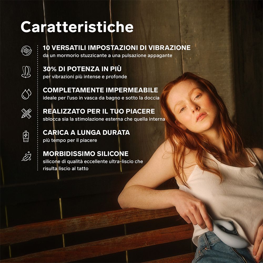 Frau mit Vibrator. Text: 10 Vibrationseinstellungen, wasserdicht, lange Akkulaufzeit, weiches Silikon.