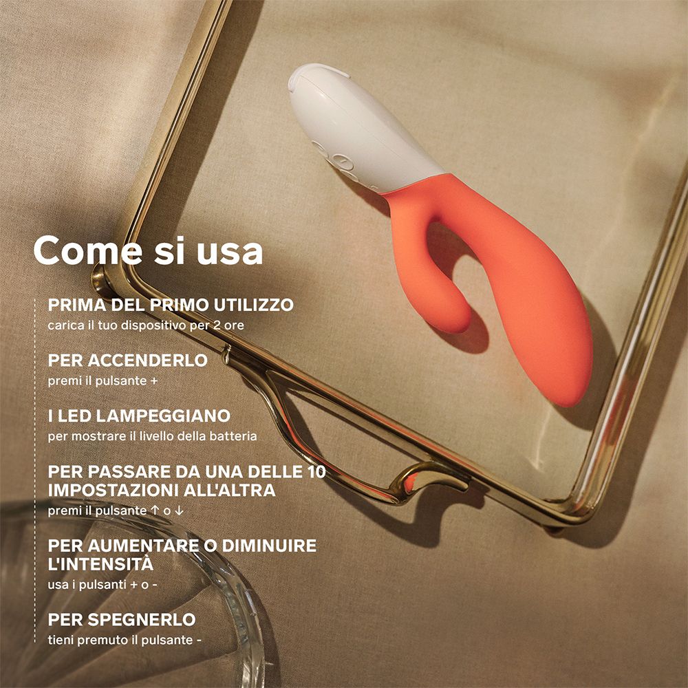 Vibrator in Goldrahmen. Text: Aufladen, einschalten, Einstellungen ändern, Intensität.