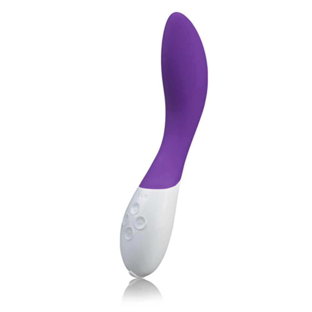 Lila-weißer Vibrator. Geschwungene Form. Vier Knöpfe. G-Punkt-Stimulation.