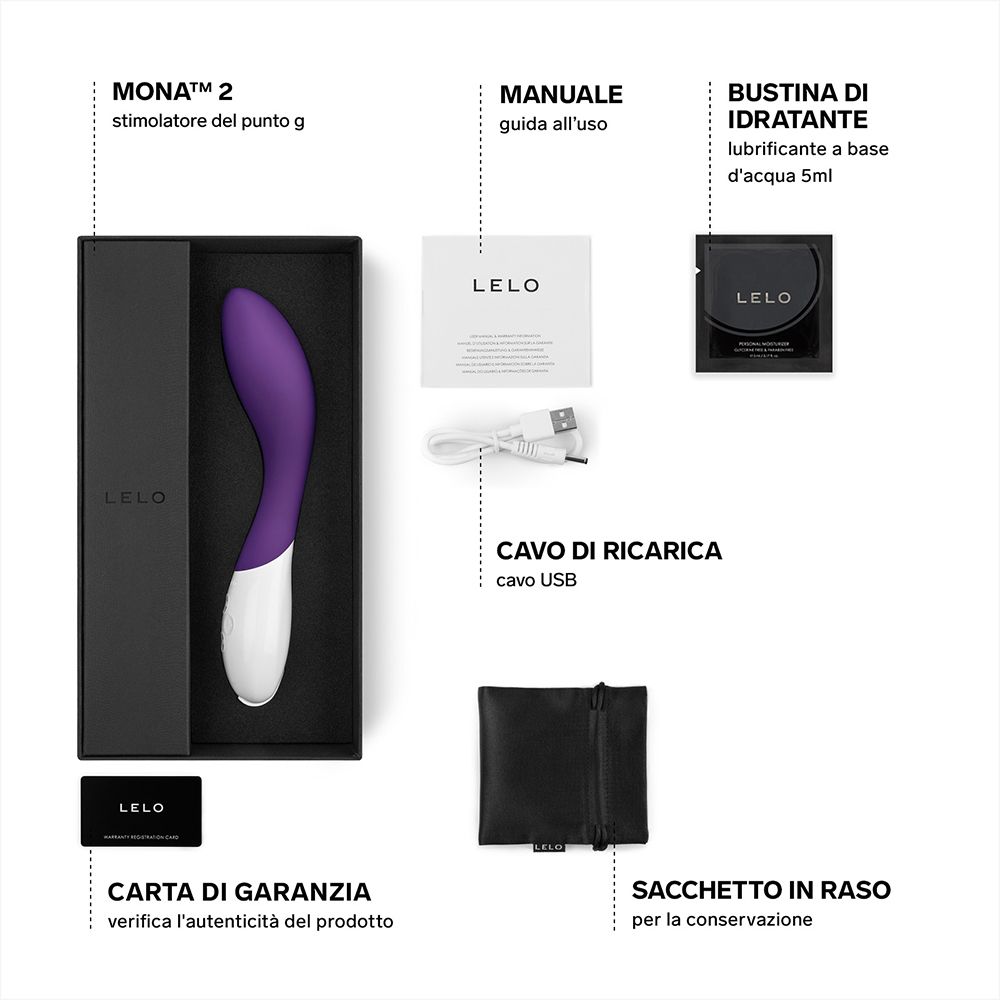Verpackungsinhalt. Vibrator, LELO MONA 2. Garantiekarte, USB-Kabel, Gleitmittel, Beutel.