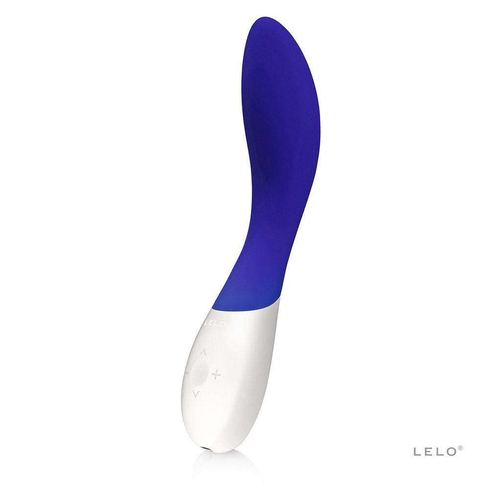 Blau-weißer Vibrator. Gebogene Form. LELO-Logo unten rechts.