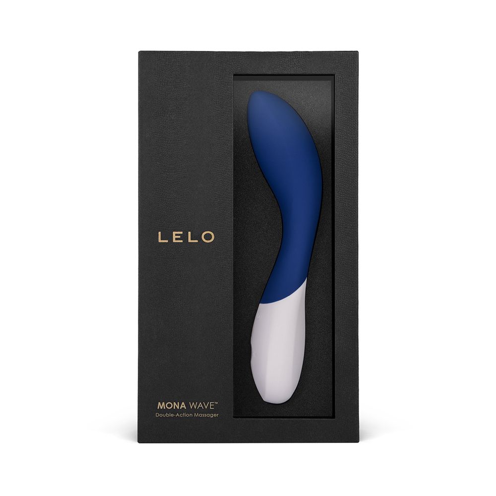 Vibrator in schwarzer Verpackung. Blau-weißes Produkt sichtbar. LELO-Logo und Produktname.