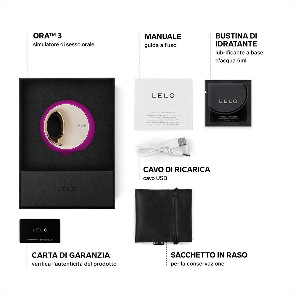 Produkt, Zubehör und Verpackung. LELO ORA™ 3, USB-Kabel, Gleitmittel, Garantiekarte.