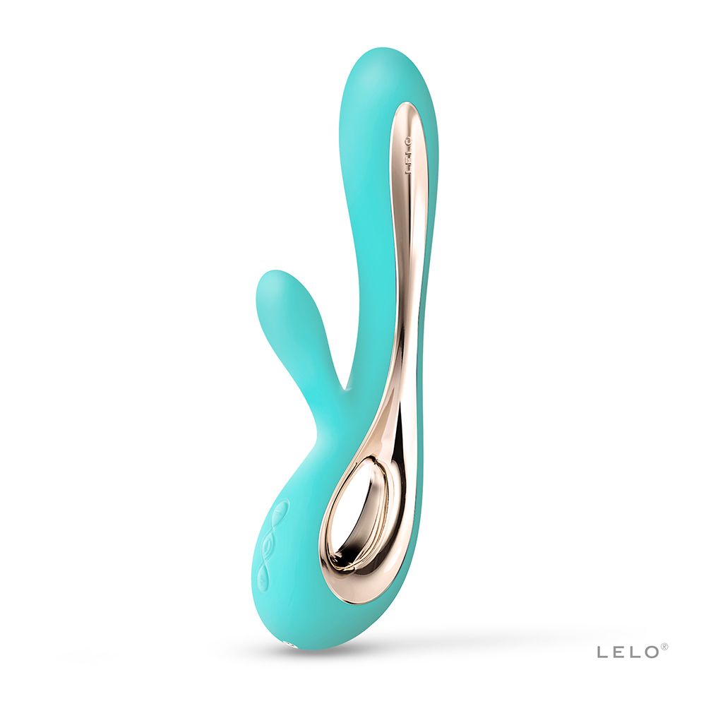 Türkisfarbener Vibrator mit goldfarbenen Akzenten. Ergonomisches Design mit zwei Stimulationspunkten.
