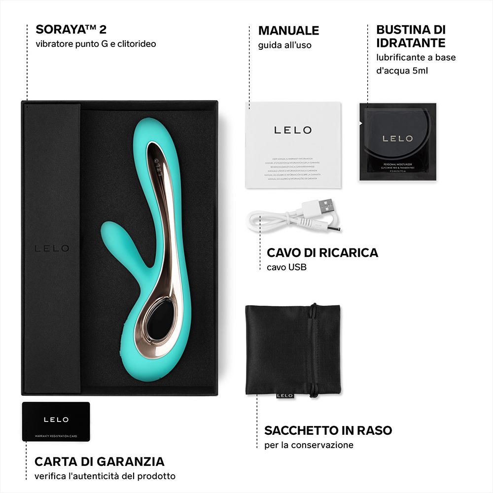 Verpackungsinhalt: Vibrator, USB-Kabel, Gleitmittel, Beutel, Garantiekarte, Bedienungsanleitung. LELO-Logo.