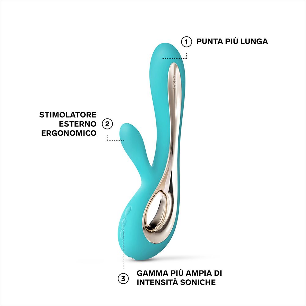 Türkisfarbener Vibrator mit goldfarbenen Akzenten. Beschriftung mit nummerierten Merkmalen.