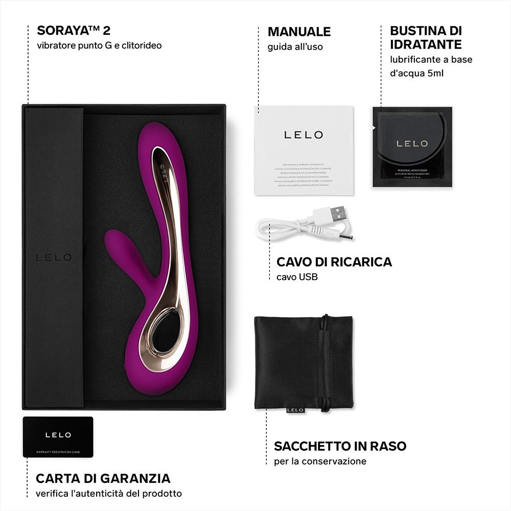 Inhalt der Verpackung: Vibrator, USB-Kabel, Gleitmittel, Beutel, Garantiekarte. Marke: Lelo, Modell: Soraya 2.