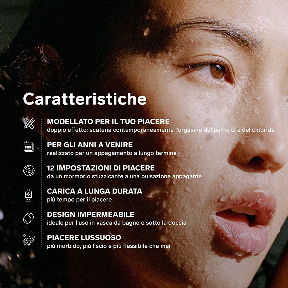 Werbetext mit Produktmerkmalen. Beschreibt Form, 12 Einstellungen, lange Akkulaufzeit, wasserdichtes Design.