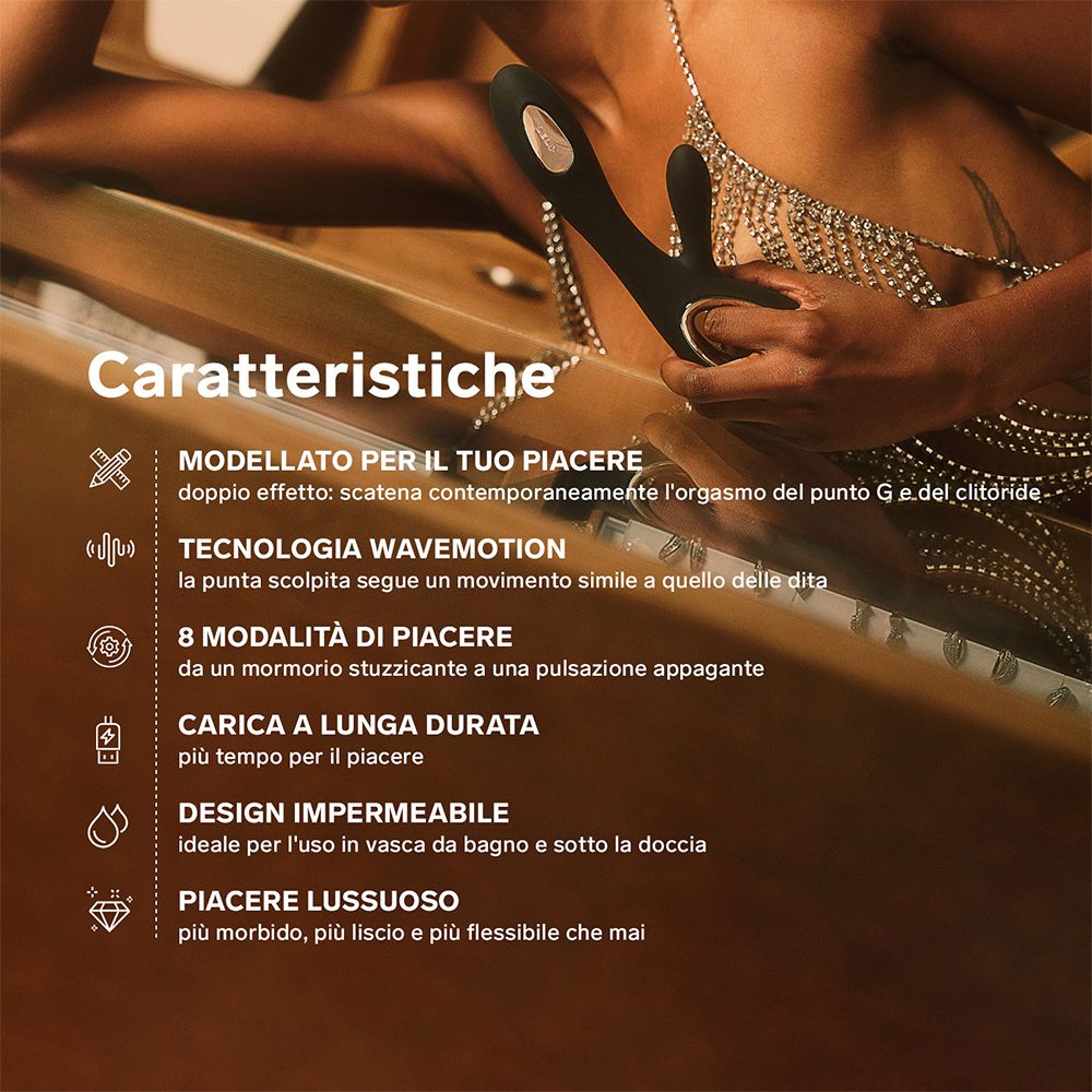 Werbetext mit Produktmerkmalen. Wavemotion-Technologie, 8 Modi, wasserdicht.