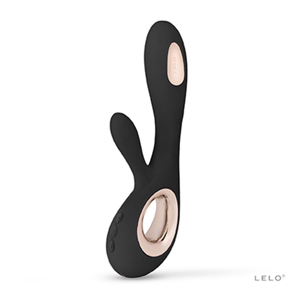 Schwarzes Wellness-Produkt mit goldfarbenen Akzenten. Ergonomische Form mit zwei Enden.