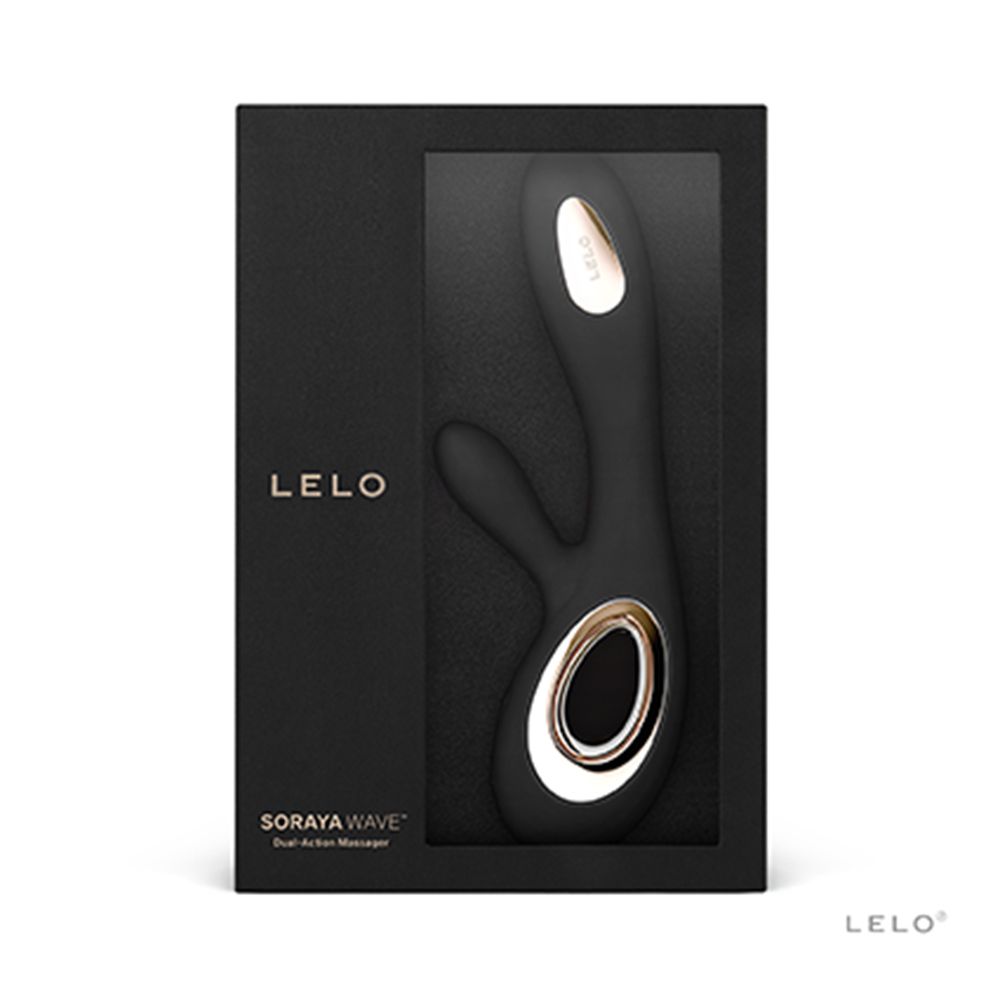 Schwarze Produktverpackung mit Sichtfenster. LELO-Logo und Produktname SORAYA Wave.