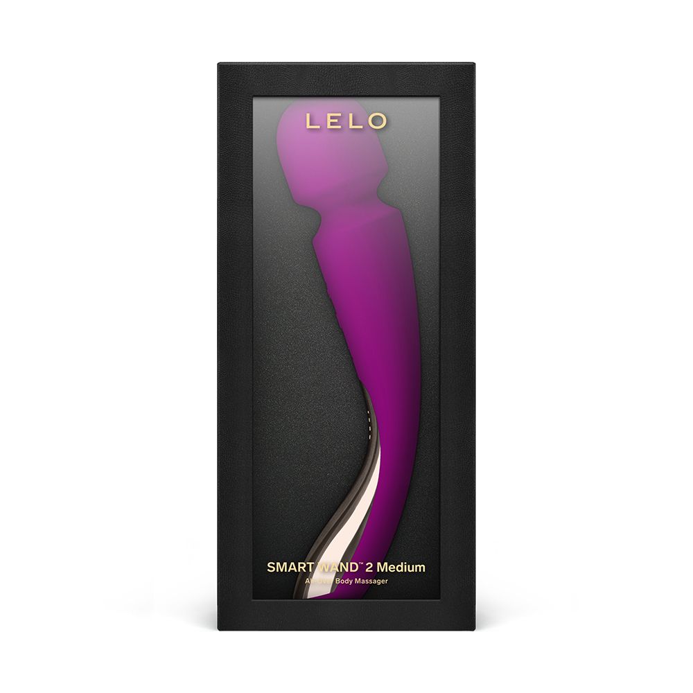 Schwarze Verpackung mit Sichtfenster. LELO-Logo. Produktabbildung: Lila Massagegerät.