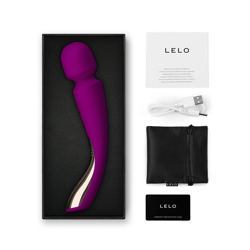 Schwarze Box mit Massagegerät, Zubehör. LELO-Logo. Enthält Kabel, Beutel, Karte.