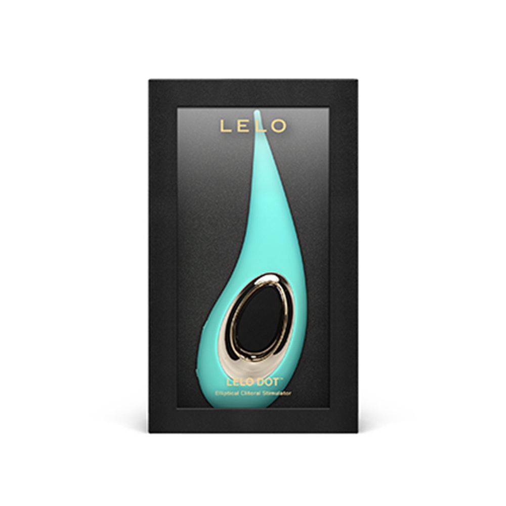 Schwarze Verpackung mit LELO-Logo und türkisfarbenem Vibrator. Produktname: LELO DOT. Transparente Vorderseite.